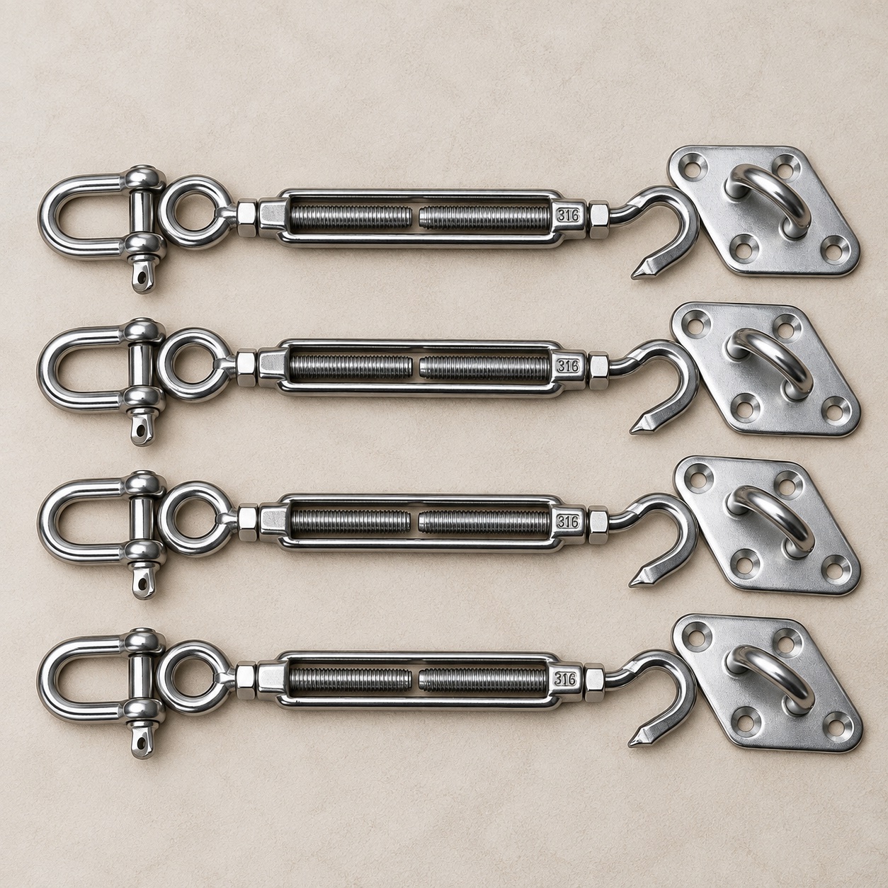 Four-corner stainless fixing kit: shackles, turnbuckles, hooks and pad eyes