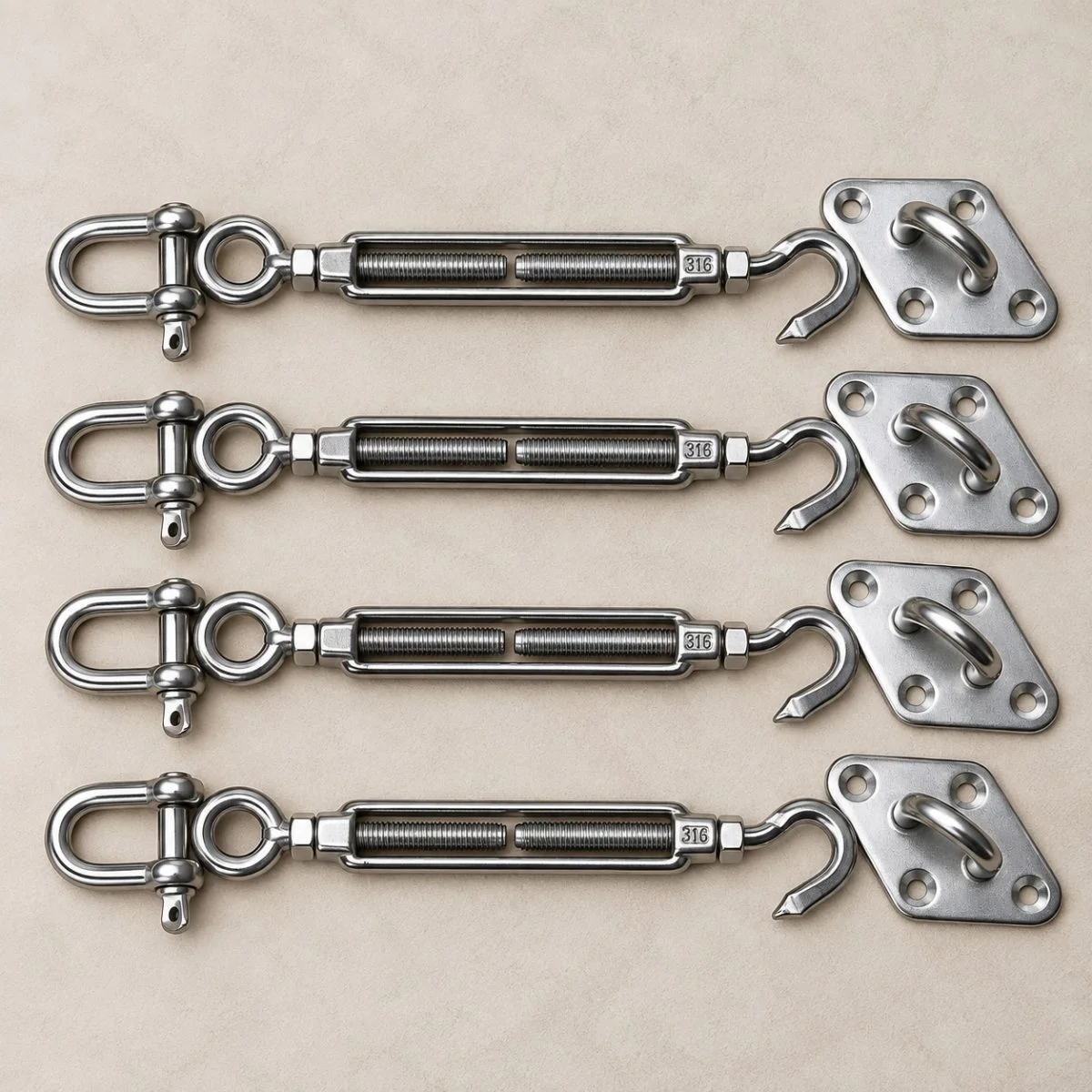 Four-corner stainless fixing kit: shackles, turnbuckles, hooks and pad eyes